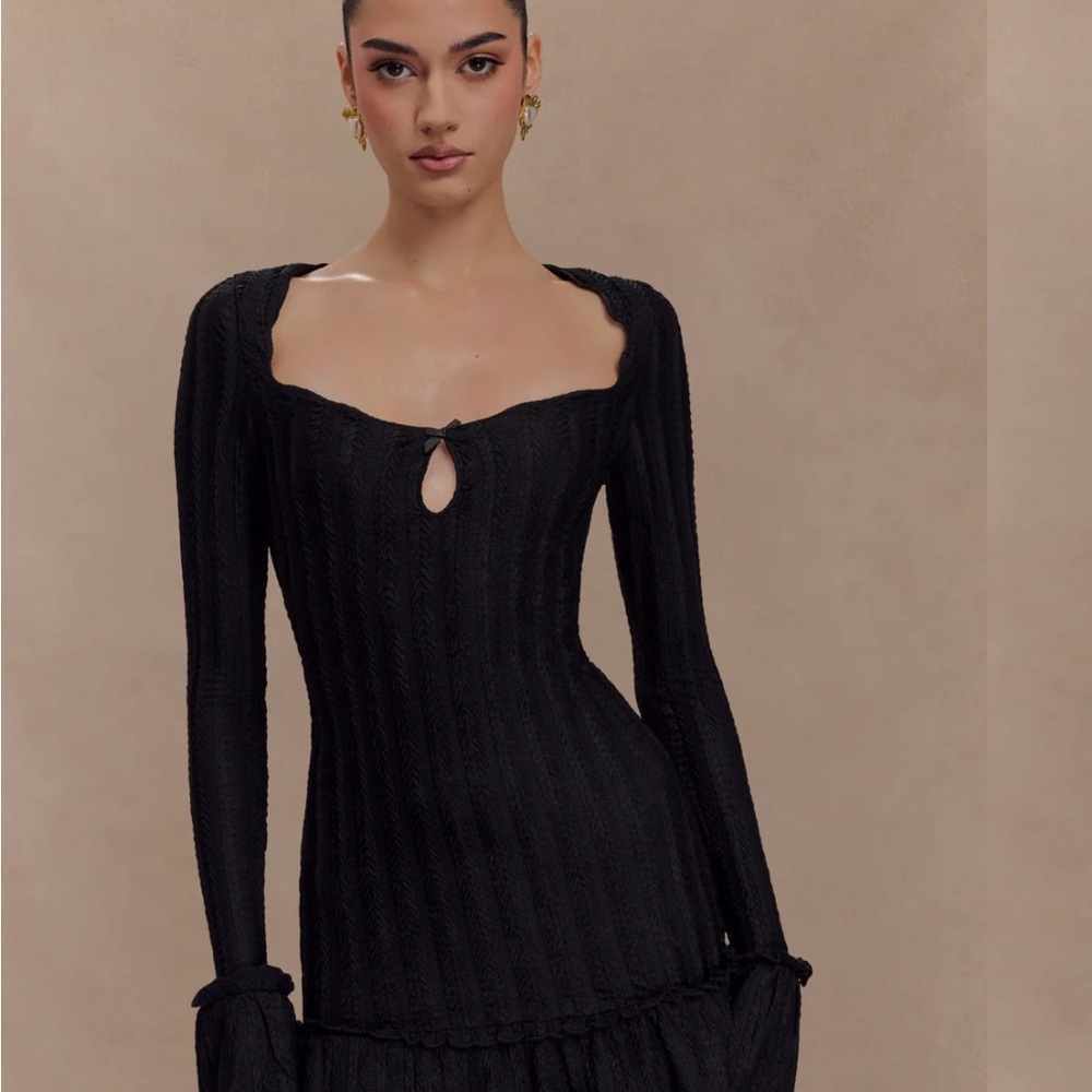 NWT Meshki Daphne Pointelle Black Long Sleeve Dress with Keyhole Detail